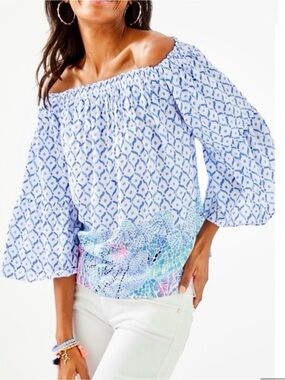 Lilly Pulitzer Light Blue Off-Shoulder Printed Blouse